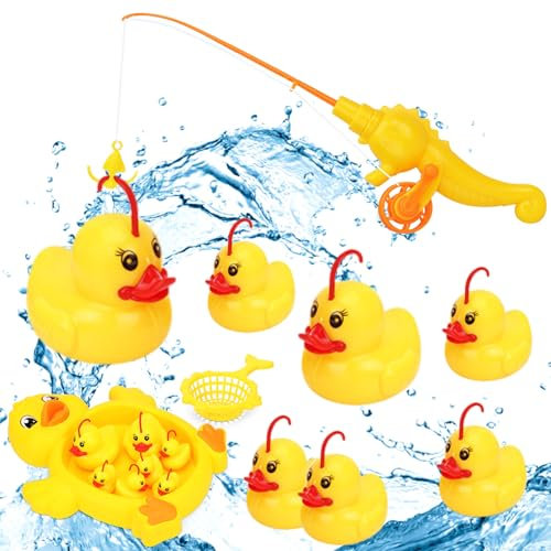 Jouet de Peche, 10 Pièces Jouets de Piscine Pêche Ensemble Jouets de Bain pour Les Tout-Petits avec Filet de Pêche, Cannes à Pêche, Petit Étang Aux Canards pour Jeu de Baignade