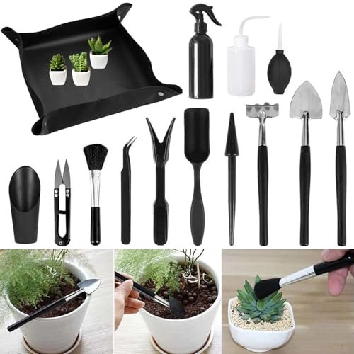 Lunaanda Kit d'Outils de Jardinage, 100x100cm Tapis de Jardinage Pliable et 13 Pièces Mini Outils de Jardin Intérieur pour Plantes Succulentes Transplantation, Kit d'Outils pour Bonsai Miniatures