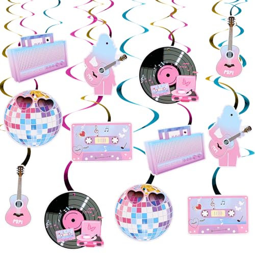 12pcs Singer Theme Party Decorations, Music Birthday Party Decorations Music Themed Cutouts Hanging Swirl Banner Guitar Disco Tape Record Singer Theme Party Supplies for Girls Super Star
