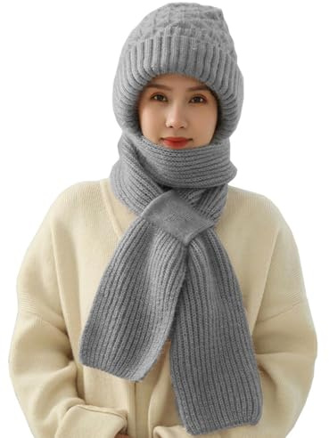 CheChury Femme Bonnet Echarpe 2 en 1 Tricotés Ensemble Femme Hiver Bonnet Echarpe de Doublure Polaire Une pièce Bonnet avec Cache-Cou Élégant pour Femme,Gris