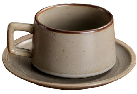 Juego de tazas de café y platos minimalistas japoneses retro de 220 ml, taza de café y plato creativo de cerámica gruesa, color gris caqui, taza de café y plato de 220 ml