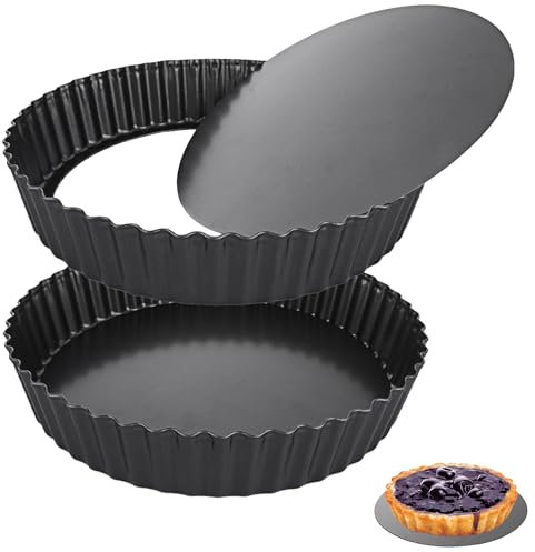 LOLYSIC Lot de 2 moules à quiche profonds avec fond amovible - 28 cm - Moule à tarte cannelé anti-adhésif avec base amovible - Acier au carbone - 5,5 cm de profondeur - Noir