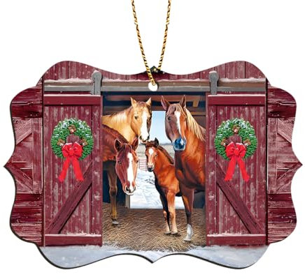 GENANY 2 Seiten bedruckte Pferdescheune aus Holz 2024, Bauernhaus-Tier-Weihnachtsschmuck, westlicher Weihnachtsbaumschmuck, Landhaus-Ornament, rustikale Weihnachtsbaumschmuck