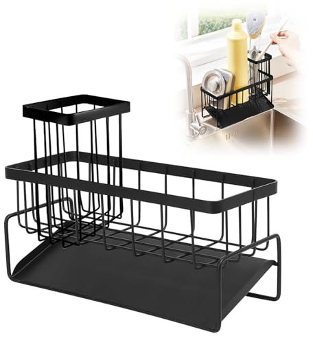 Black Sink Tidy Kitchen, Sink Caddy Organiser, Stainless Steel Holder for Sink, Washing up Caddy Organiser, Sink Storage Rack with Detachable Brush Barrel, Sponge Holder Kitchen for Brush Dish Soap