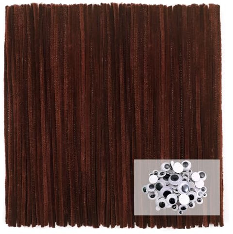 TOAOB Pfeifenreiniger Braun zum Basteln 100 Stück Chenilledraht Pfeifenputzer Lang 30 cm X 6mm Pipe Cleaner Basteln mit Selbstklebende Wackelaugen für DIY Handwerk Dekorationen