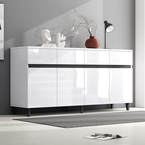 Billg Buffet Salon 160cm, Meubles de Rangement avec 4 Tiroirs et 4 Portes, Étagère Réglable, Haute Brillance Commode à Tiroirs pour Salle à Manger, Salon, Entrée, Blanc, 160 x 40 x 68cm