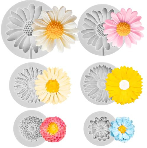 6PCS Flower Silicone Moulds, Chrysanthemum Chocolate Candy Mould 3D Daisy Mould for Fondant Cupcake Soap Polymer Clay Candle Crafting Projects