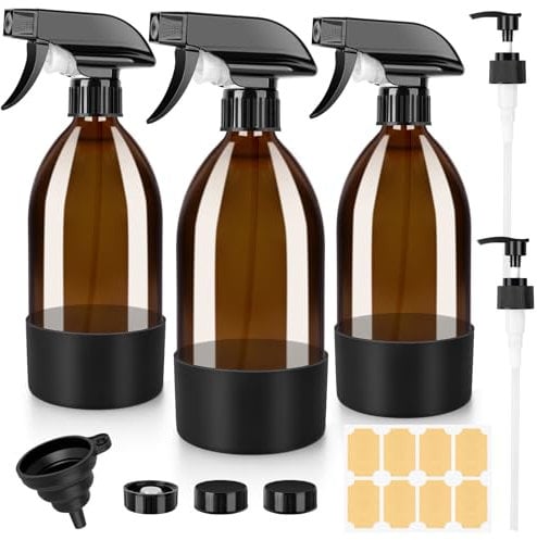 BELICOO Amber Glass Spray Bottles 3 Pack, 500ml Glass Spray Bottles for Cleaning, Plants, Essential Oils, Hair Care, Refillable Empty Spray Bottle with Adjustable Nozzle for Squirt and Mist
