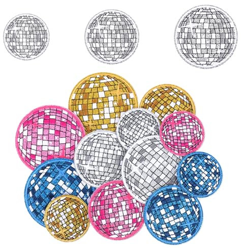 12 Pcs Disco Ball Iron On Patches, Bling Ball Party Patch for Bags Hats Jackets Jeans Vests Craft Decor Accessory Craft (4 Colors, 3 Sizes)