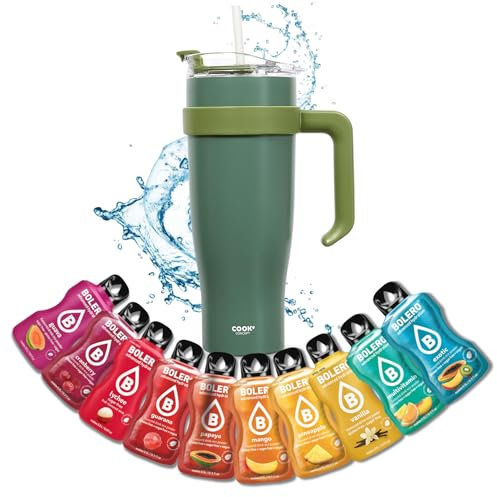 PRO DISTRI Mug Isotherme avec Paille et Poignée | Gourde XXL en Inox et 10 sticks 9g de poudre pour Boisson BOLERO saveurs exotiques Sans Sucre ni Colorants Artificiels | Coloris Vert Kaki