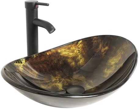 YU YUSING Waschbecken Glas Aufsatzwaschbecken Waschtisch, Oval Hand Waschschale mit Wasserhahn Set, Waschplätze für Badezimmer Küche Gäste WC, Modern Golden, 53.3x35x16 cm