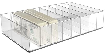 Acryl Bargeld Organizer mit 8 Fächer,Transparent Geldorganizer für Bargeld Kabel Organizer Box Geldbox Geldhalter für Scheine,für Umschläge Schreibtisch Aufbewahrung, Büro, Heimgebrauch,26x18x5,5cm