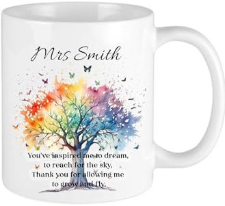 TM THREADS Personalised Rainbow Tree and Thank You Quote Teacher Appreciation Mug, White Ceramic, Custom Name Gift
