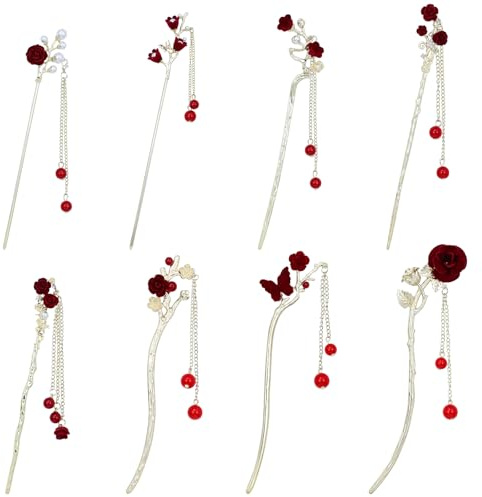 inSowni 8 Pieces Retro Vintage Asian Chinese Traditional Hanfu Gold Metal Rose Flower Butterfly Hair Pins with Bead Pendants Long Hair Sticks Forks Bun Updo Holders Hairpins for Women Girls (8PCS S5)