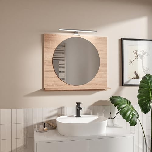 HAJDUK FURNITURE Badspiegel mit Beleuchtung und Ablage Eiche Sonoma H:60 x B: 70 cm Rund Spiegel ⌀55 cm Bathroom Mirror Moderner Badezimmer Spiegel Rechteckig Wandspiegel mit Regal
