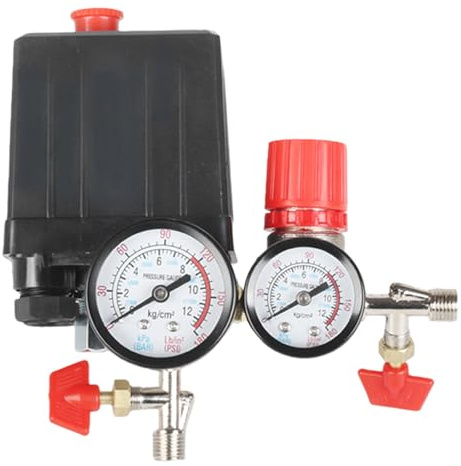 Druckschalter Kompressor 220V, Druckregler mit Manometer und Sicherheitsventil, Steuerventil für Luftkompressor 90–120PSI, Kompressor Ersatzteile mit Kupplungen, 3000L/min Max