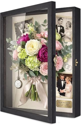 TJ.MOREE Shadow Box Rahmen 40,6 x 50,8 cm Shadowbox Vitrine Bilderrahmen mit Leinenrückseite Erinnerungsstücke Blumenstrauß Medaillen Militärfotos Erinnerungsbox - Schwarz