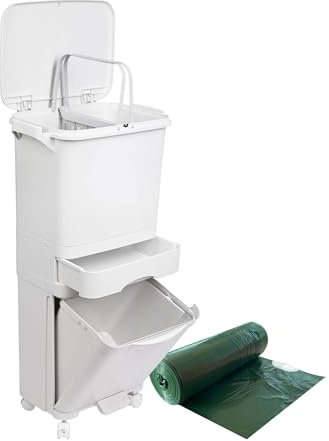 Papelera de reciclaje de clasificación selectiva con pedal, ruedas y asa de triple compartimento de 42L (24L + 4L + 14L). INCLUYE regalo bolsas de basura