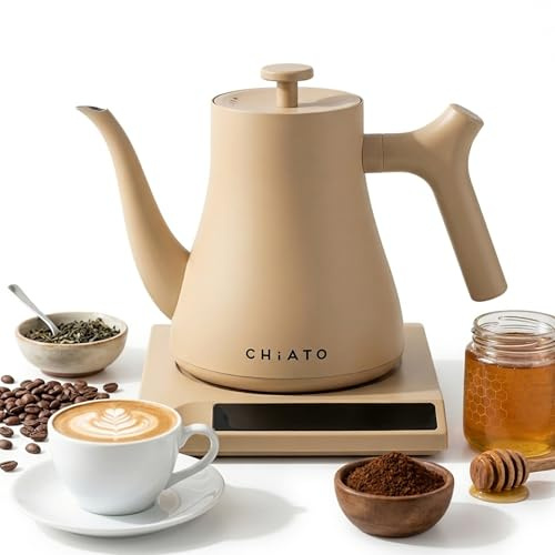 CHiATO flowPLAY Wasserkocher Temperatur Einstellbar 0,6L – Kleiner Edelstahl Wasserkocher mit Warmhaltefunktion, Mini Wasserkocher Digital, Kompakt & Modern (Beige)
