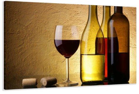 Visario Leinwandbild 120x80 cm 5109 Rotwein Weinglas Weinflaschen Wandbild Küche Bar Wohnzimmer - Wein Motiv Gold Braun Warme Farben Fertig Aufgespannt Echter Holzrahmen Wanddekoration Geschenk