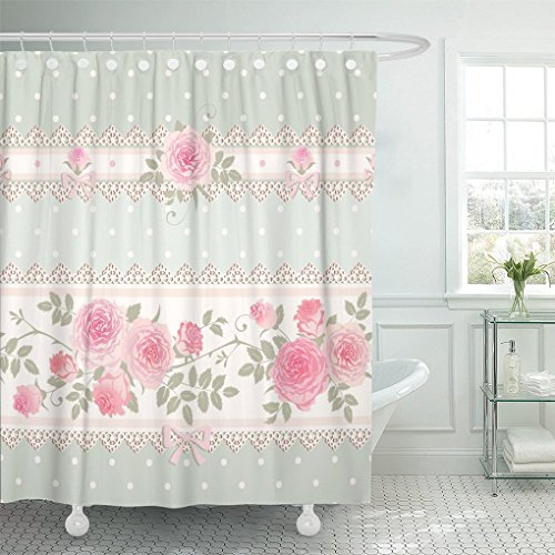 AA0AA Duschvorhang Grün Vintage Floral Polka Dot Muster mit Spitze Schleifen und Rosa Rosen Shabby Chic Stil Blume Duschvorhang 72 x 72 Zoll Duschvorhang mit Kunststoff Haken