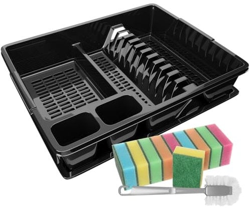 WELLGRO Abtropfgestell aus Kunststoff mit Reinigungsbürste und 10 Schwämmen - 44x35x9 cm (LxBxH) - Schale Geschirrkorb Abtropfkorb Abtropfgitter für Spüle Made in Europe, Farbe:Schwarz
