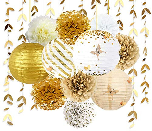 Weißgold Partydekoration, Laternen für Blumen Pom Pom Pom mit Aufklebern Schmetterling 3D Girlande Blätter für Hochzeit Verlobung Dusche Junggesellinnenabschied Party Dekoration
