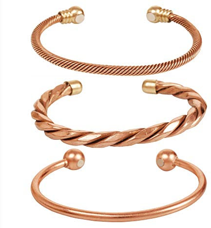 Touchstone copper magnetic bracelet tibetan style. hand forged with solid and high gauge pure copper. set of 3 different designs in twisted pipe braided wires style.