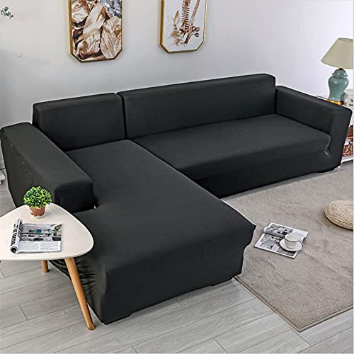 OKJK 2pcs Sofa überzug ecksofa für Wohnzimmer elastischer überwurf Sofa für Leder sofabezug l Form, Couch überzug l Form (Black,2 Seater + 4 Seater)