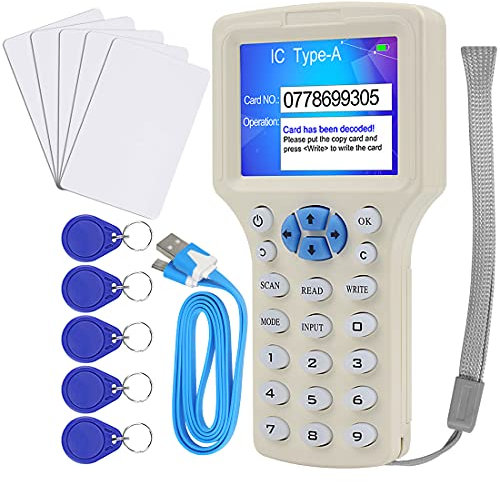 Jasag ID IC HID Karte Kopierer, NFC Reader, 125 kHz 13,56 MHz 10 Frequenz RFID Schlüsselanhänger Kartenleser/Writer/Duplikator, UID Decoder, USB-Kopierer, mit 10 wiederbeschreibbaren Schlüsselkarten