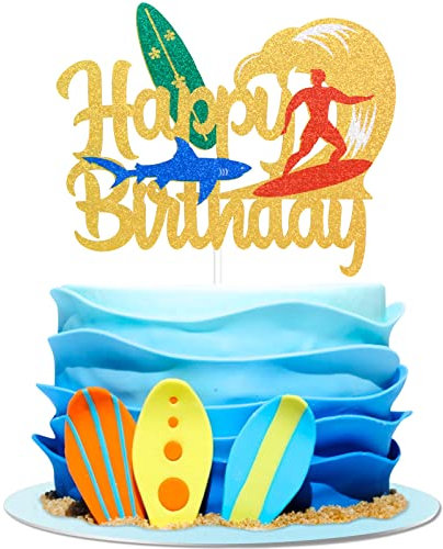 Surfing Happy Birthday Cake Topper - Summer Hawaii Party Glitter Surfboard Cake Topper Decor - Beach Surfing Cake Topper Sports Surfer Birthday Party Decoration