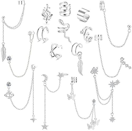 MILACOLATO 16 Stück Ear Cuff Ohrringe Mit Kette Creolen Helix Knorpel Clip On Wrap Ohrringe Verstellbare Nicht Durchdringender Knorpel Einstellbare Ohr Cuffs Ohrklemme Set für Damen Silber