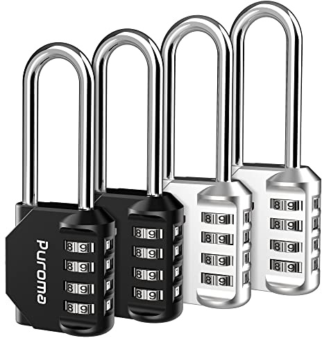 Puroma 4 Pack 2.6 Inch Long Shackle Combination Lock 4 Digit Outdoor Waterproof Padlock for Hasp Locker Lock, Sports Locker, Fence, Gate, Toolbox, Case, Hasp Storage, Cabinets (Silver & Black) | For Outdoor Fence, Hasp locker, Long shackle, Side Window, Resettable, Weatherproof, Crack Cutting Resist, Hardened Steel