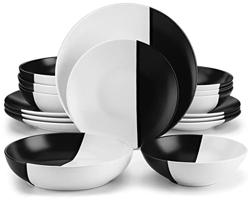vancasso ACCEL Juego de vajilla 16 piezas para 4, Diseño Bicolor de Gres con 4 Platos Llanos, 4 Platos de Postre, 4 Cuencos para Pasta y 4 Cuencos de Cereales, Blanco y Negro