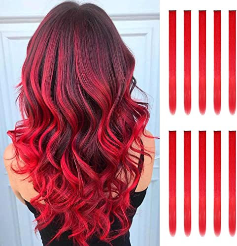 KHDULQ Clip-In-Haarverlängerungen, rot, Party-Highlights, farbige Streifen, Cosplay-Geschenk, 10 Stück