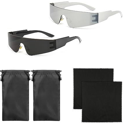 TAFACE 2 futuristische Sonnenbrille, mit 2 Brillentasche und 2 Brillentuch, Punk Style Technology Sonnenbrille, Millennial Style-reflektierende Brille, rahmenlose Partybrille (silber, schwarz)