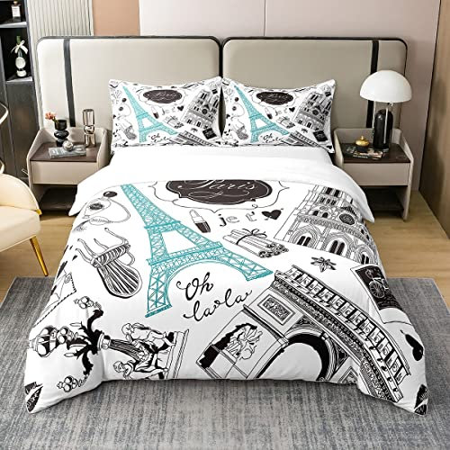 richhome Eiffelturm Bettbezug Set 155x220 Romantisches Paris Gebäude Bettwäsche Set 100% Natürliche Baumwolle Französisch Stil Moderne Landmark Tröster Abdeckung