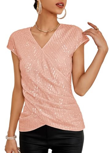 GRACE KARIN Damen Glitzer Tops Elegant Kurzarm Solid Shirt Pailletten Festliche Blusen Roségold S