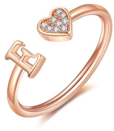 FUNEIA Herz Ring mit Buchstaben Damen Frauen Gold Silber Rosegold Verstellbarer Initiale A-Z Zirkonia Fingerring Stapelring Wasserfest Buchstabering Schmuck Mädchen Geschenkbox