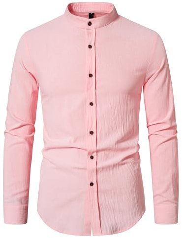 MakingDa Camicia da uomo in cotone e lino con colletto alla coreana, vestibilità regolare, a maniche lunghe, casual, con bottoni, rosa, M