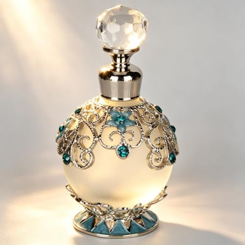 25ml Refillable Decorative Glass Perfume Bottle with Blue Forget-me-not Flower - Empty Vintage Bottle for Essential Oils Girl or Women Gift Souvenir Dresser Table Decor - Valentine Decor Gifts