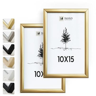 Heimlich® – Bilderrahmen – 10x15 cm, Aluminium-Metall, Gold, 2er-Pack – Kleine Bilderrahmen mit Folienabdeckung – Wandmontage oder Tischaufsteller