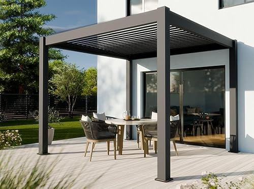 Pérgola Autoportante Bioclimática de Aluminio 9m² - 3X3m - Gris - Apertura de Lamas hasta 90° - Lamas de Acero Galvanizado - Aurora