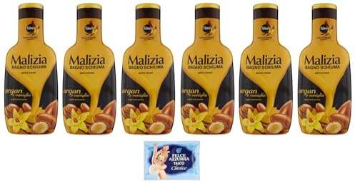 6x Malizia - Bagno Schiuma, Argan e Vaniglia - Bath Foam Bagnoschiuma 1000ml + 1 Confezione di Talco Felce Azzurra in omaggio, Busta da 100g