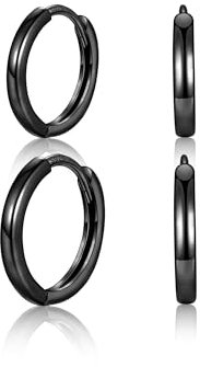 MASOP Ohrringe Schwarz, 2 Paar Creolen Set Silber 925 Stecker 8mm 10mm Damen Frauen Mädchen Herren Schlicht Basis Leicht