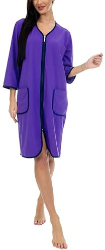 Aquarti Damen Bademantel Morgenmantel mit Reißverschluss Hausmantel Leicht 3/4 Ärmel, Farbe: violett, Größe: XL