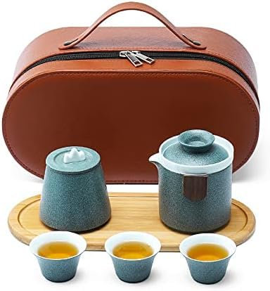 PJKUIFYX Service à thé de Voyage, Service à thé en poterie Noire avec Sac de Transport Portable, 1 théière, 3 Tasses à thé, 1 boîte à thé, 1 Plateau à thé