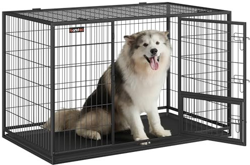 Feandrea Hundekäfig hochbelastbar, Gitterbox, transportabler Haustierkäfig, 139 x 79 x 87 cm, für große Hunde, sicher, 2 abnehmbare Türen, Welpenauslauf, XXXL, tintenschwarz PPD004B01