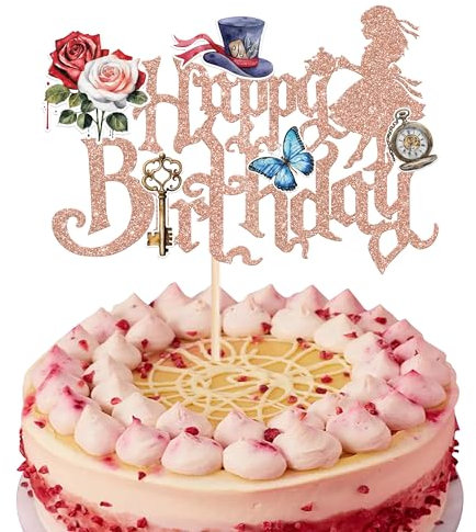 Xsstarmi 1 Pack Wonderland Theme Happy Birthday Cake Topper Rose Gold Butterfly Key Flower Mad Hatter Cake Pick Decoration for Alice Theme Happy Birthday Baby Shower Party Cake Decorations