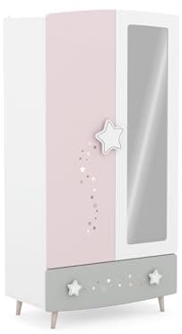möbelando Prinzessin Kinder Kleiderschrank mit Himmelssternen und Ganzkörperspiegel, 2 Türen, 1 Schubkasten, 2 Kleiderstangen, Massivholzfüße - 89x185x50 cm (B/H/T), Rosa/weiß/grau #einfach zuckersüß